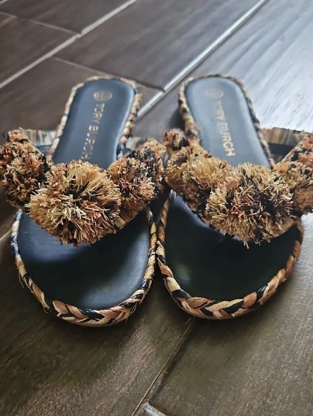Tory Burch Black Footbed Pom-Pom Braided Trim Slide Sandals
